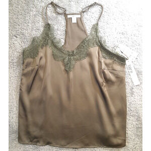 Bar III Womens Petite Small Lace-Trim Racerback Satin Camisole Olive Green